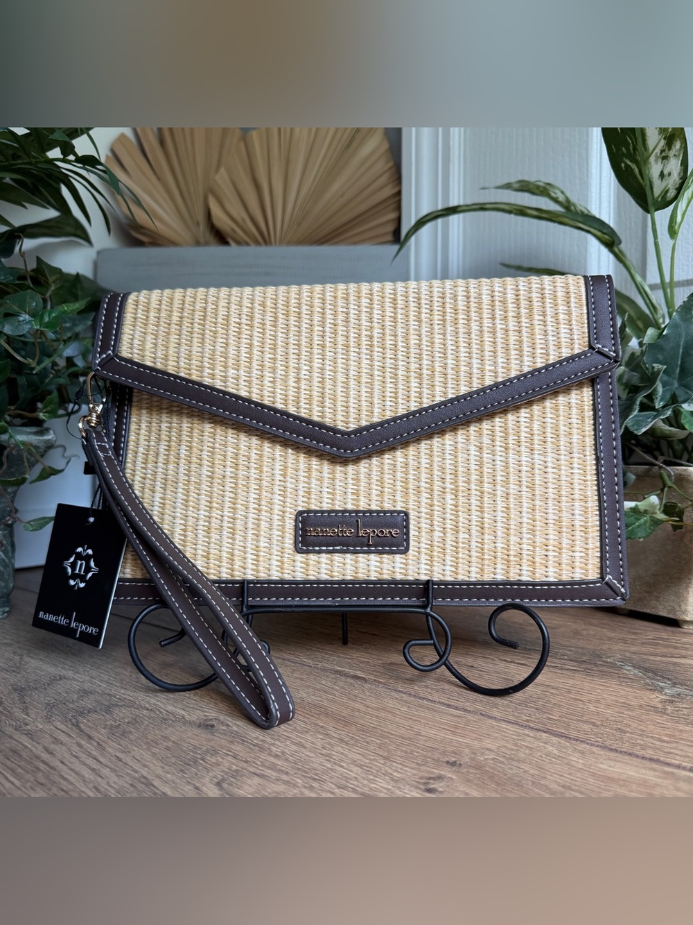 Nanette Lepore VL Straw & Brown Oversized Clutch Wristlet